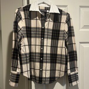 Mint Velvet Cream & Black Plaid Button-Down Shirt with Pearl Buttons